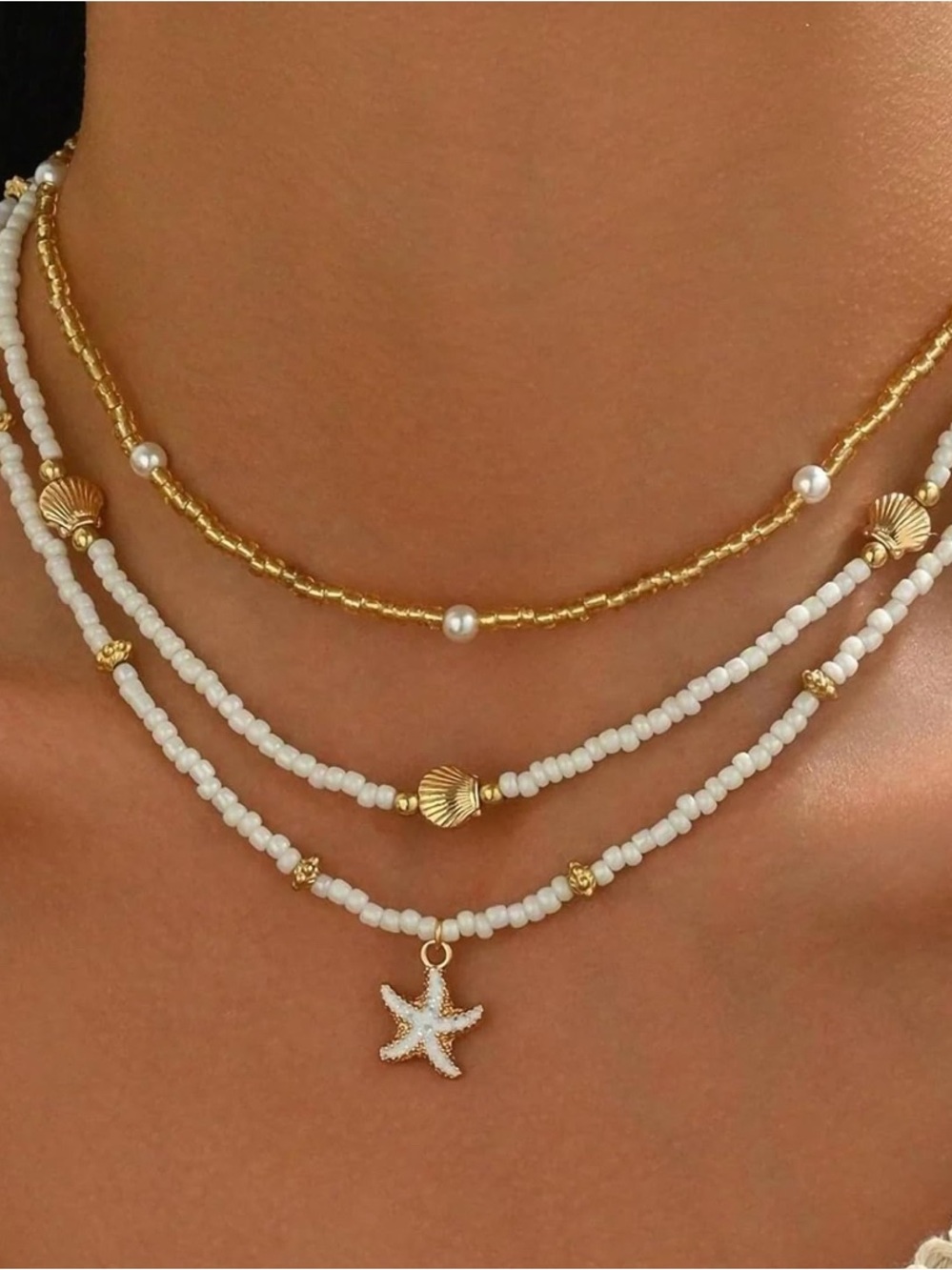Trendy Summer Gold & White Beaded Layered Necklace Set with Starfish Charm - Picture 2 of 4